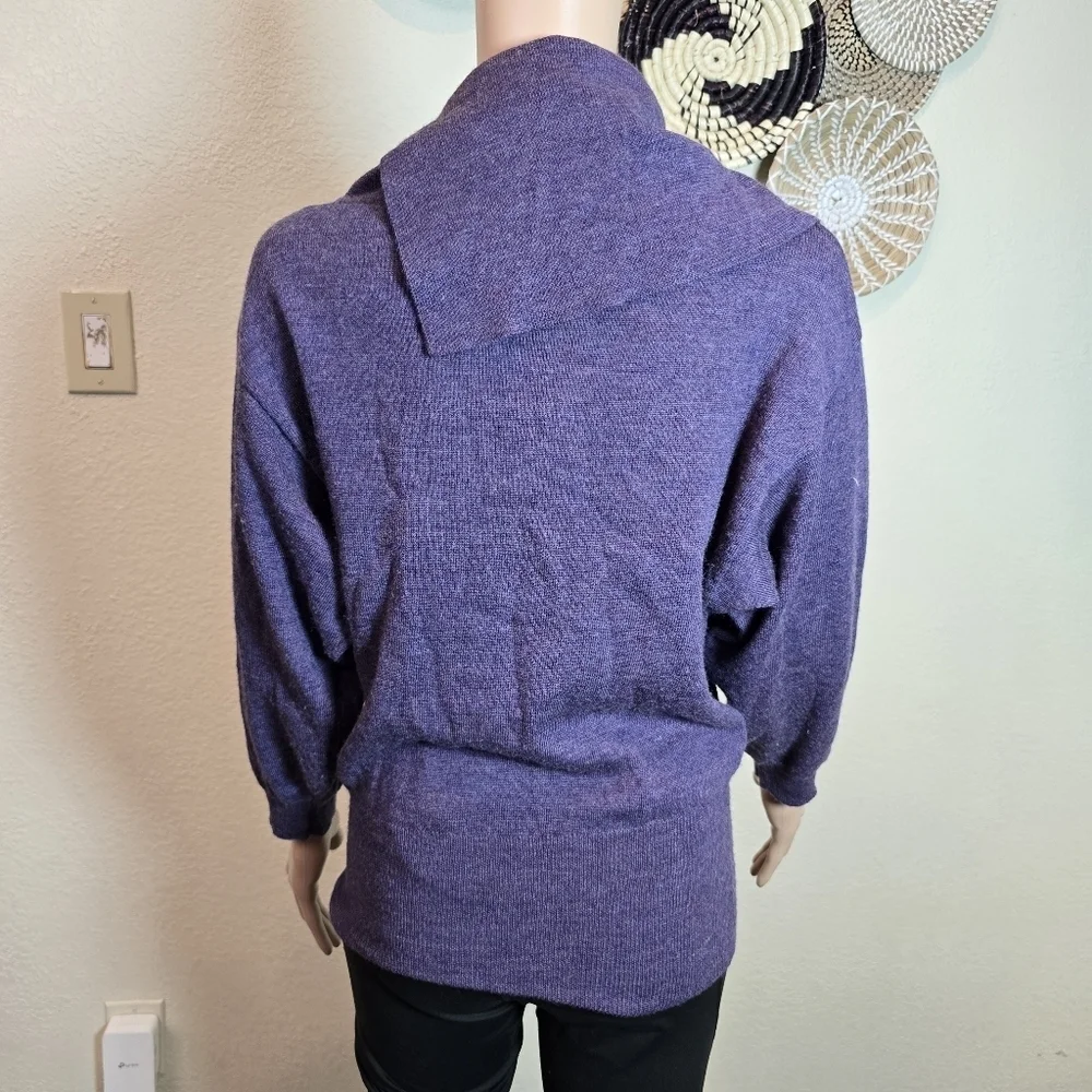 TWEEDS Sweater Small Merino Wool Shirred Turtleneck 3/4 Sleeve Pullover Purple